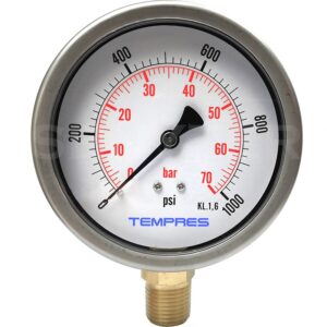 Manómetro TEMPRES Inox. Bronce Diámetro 4.0" Conexión 1/2" NPT M, Inferior en Bronce