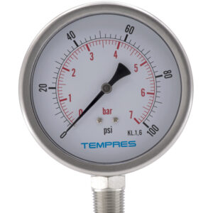 Manómetro TEMPRES full inox DN 4" Serie Económica Conexión Inferior Conexión 1/2" NPT M, Inferior en SS316