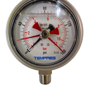 Manómetro Aguja de Arrastre - 1/2" NPT He Inferior - Posterior Máxima/Mínima Full Inoxidable