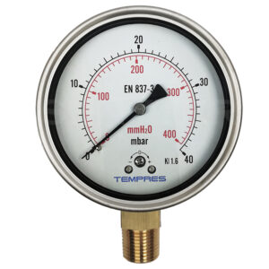 Manómetro TEMPRES Baja Presión DN 4" Conexión 1/2" NPT M, Inferior en Bronce